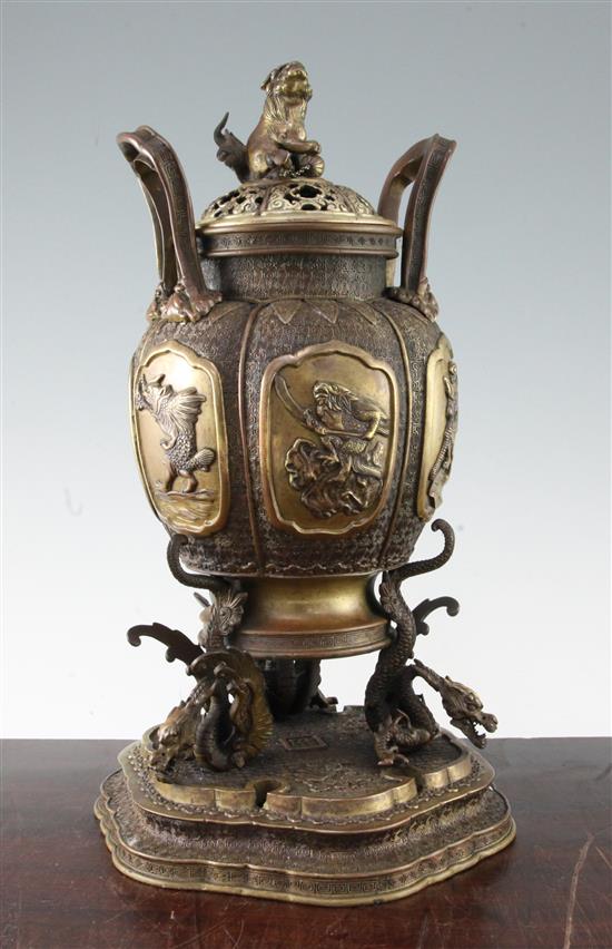 A Japanese bronze two handled vase and stand, 19th century, 43cm